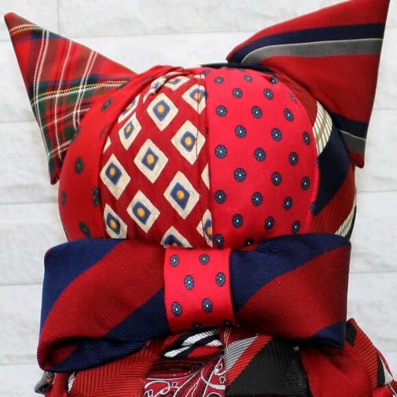 HAND CRAFTED Cat Necktie Upcycled Stuffed Decor Patchwork Feline Large Red - Picture 3 of 13